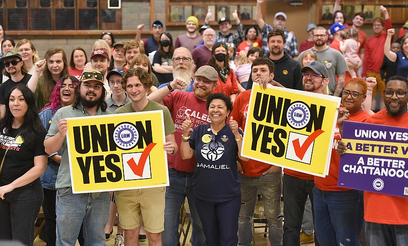 Staff photo by Matt Hamilton/ Supporters gather Sunday for a photo during a rally for the upcoming Volkswagen Chattanooga union vote. The rally was sponsored by Chattanoogans in Action for Love, Equality and Benevolence and was held at the at IBEW Local 175 Hall.