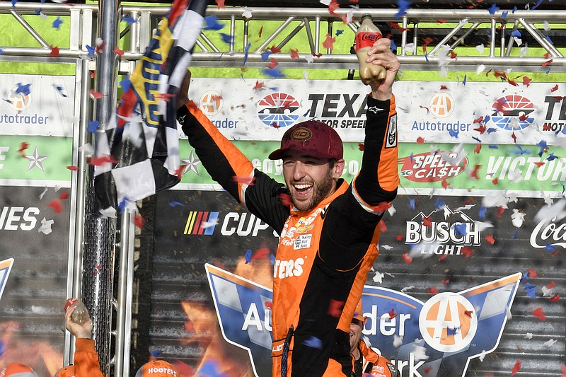 AP photo by Randy Holt / Chase Elliott celebrates after winning Sunday's NASCAR Cup Series race at Texas Motor Speedway in Fort Worth. It was the 19th career win for Elliott, but his first since October 2022. He had gone 42 races without a trip to victory lane.