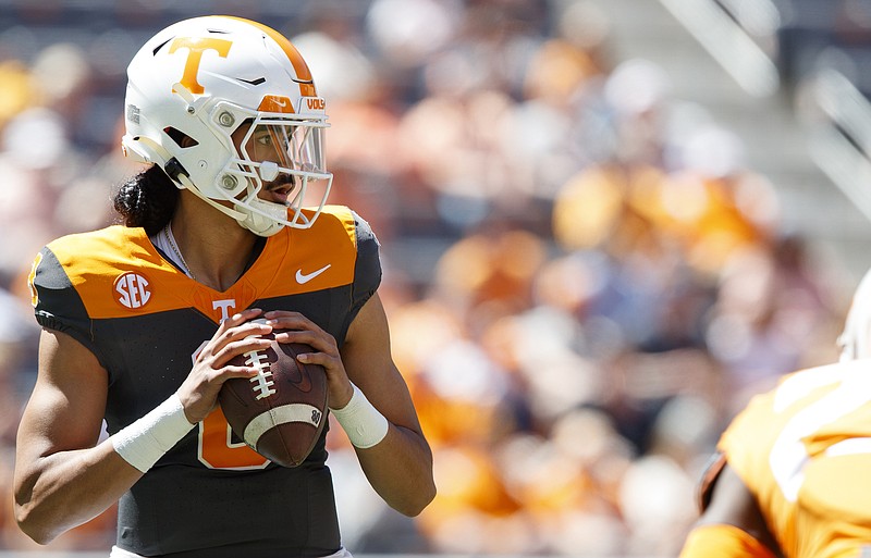 Tennessee Athletics photo by Kyndall Williams / Tennessee sophomore quarterback Nico Iamaleava looks for a receiver during Saturday afternoon's Orange & White Game inside Neyland Stadium.