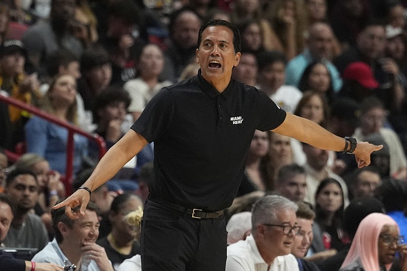 AP photo by Marta Lavandier / Miami Heat coach Erik Spoelstra motions during a home game against the Toronto Raptors on Friday.