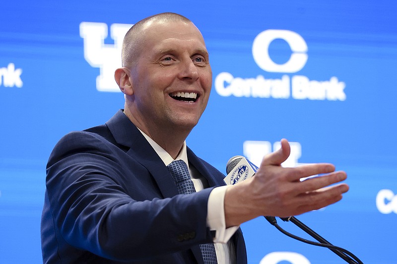 AP photo by James Crisp / Mark Pope speaks after being introduced as men's basketball coach at the University of Kentucky on Sunday. Pope played for the Wildcats three decades ago, helping lead them to the 1996 NCAA championship.