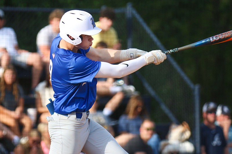 Staff photo by Olivia Ross / Ringgold's Eli Crew makes contact in the sixth inning of the Tigers' 6-0 region championship-winning game at Gordon Lee Tuesday.