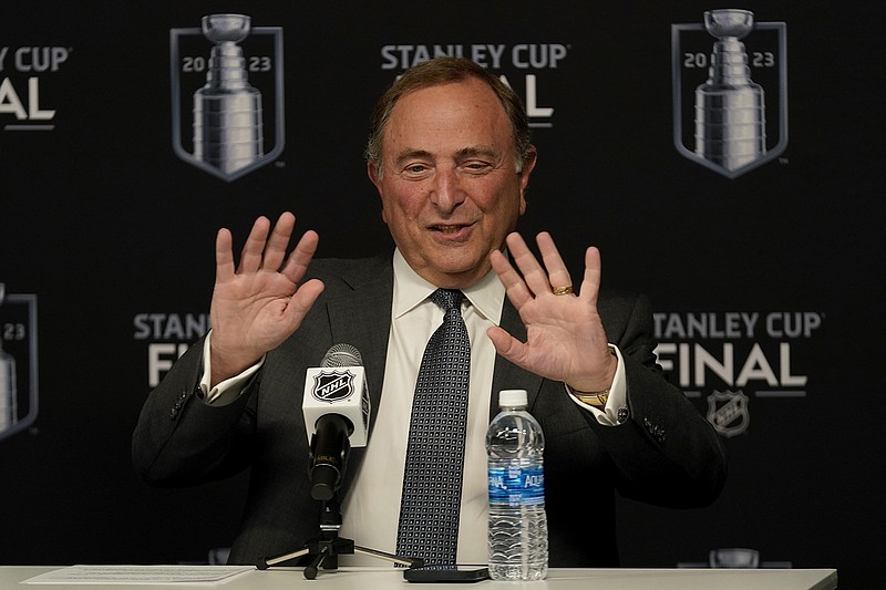 AP photo by Abbie Parr / NHL commissioner Gary Bettman speaks prior to the opening game of the Stanley Cup Final in June 2023 in Las Vegas.