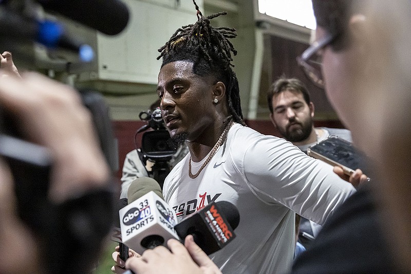AP photo by Vasha Hunt / Former Alabama defensive back Kool-Aid McKinstry talks with the media at the Crimson Tide's pro day on March 20 in Tuscaloosa, Ala.