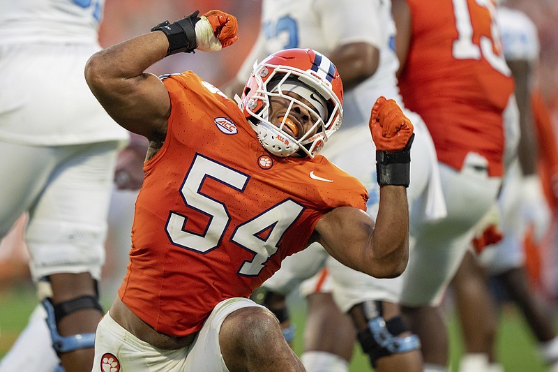 AP photo by Jacob Kupferman / Clemson linebacker Jeremiah Trotter Jr. celebrates during a home game against North Carolina on Nov. 18. His father was an NFL linebacker from 1998 to 2009, and now the younger Trotter is among the prospects for this year's draft, which is April 25-27 in Detroit.