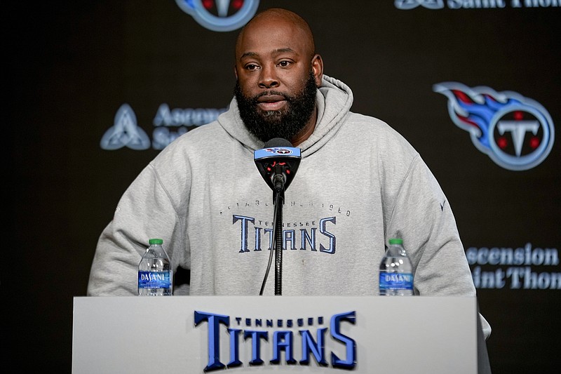 AP photo by George Walker IV / Tennessee Titans general manager Ran Carthon responds to questions during an April 2 news conference at the team's training facility in Nashville.