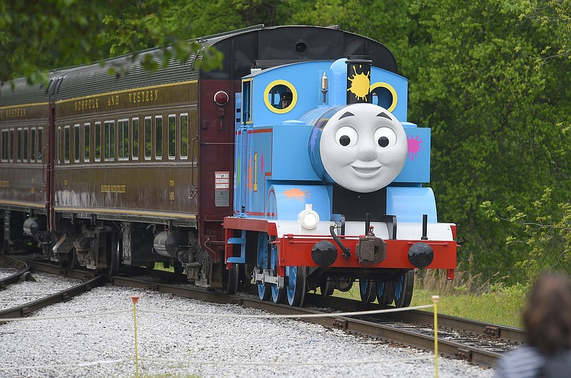 Staff file photo by Matt Hamilton / The life-sized Thomas the Tank Engine pulls into the station during the Day Out With Thomas at the Tennessee Valley Railroad Museum on April 23, 2023. Day out with Thomas will be from 9 a.m.-6 p.m. Saturday and Sunday at the Tennessee Valley Railroad Museum. The day will include bubble-themed games and activities, live entertainment, photo opportunities, lawn games and more.