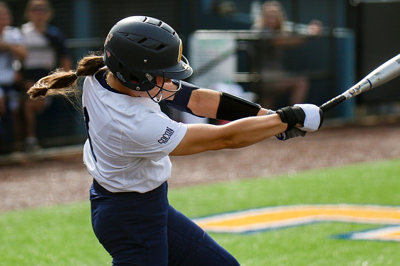 Staff photo by Olivia Ross / UTC's Acelynn Sellers swings the bat during Saturday's doubleheader against SoCon foe Mercer at Frost Stadium. UTC won the first game 4-3 before losing the second 1-0 in eight innings.