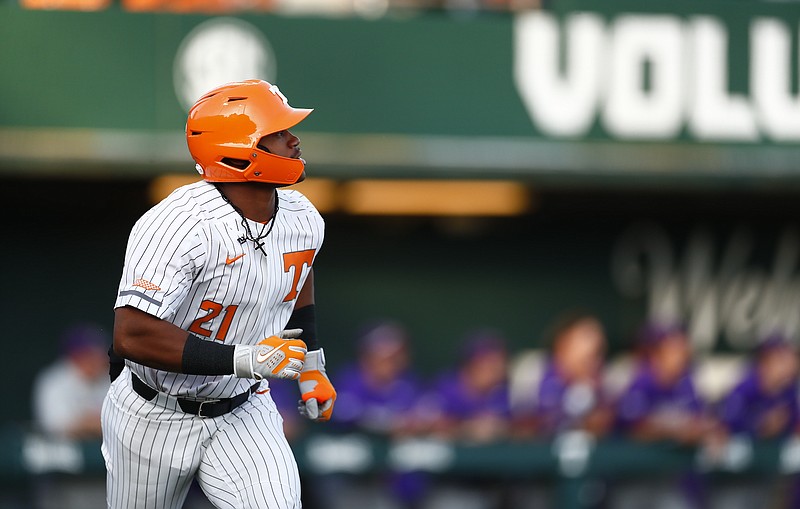 Tennessee Athletics photo / Kavares Tears watches the flight of his three-run home run to left-center field Tuesday night during the fifth inning of Tennessee's 12-4 downing of Western Carolina inside Lindsey Nelson Stadium.