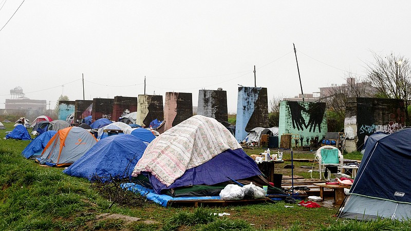 Staff photo / Tents are seen at a homeless camp off 11th Street on March 17, 2021, in Chattanooga. The county's homeless population has decreased in 2024, according to the Chattanooga Regional Homeless Coalition.
