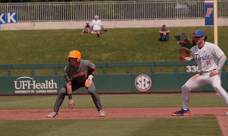 Tennessee Athletics photo / Tennessee's Dylan Dreiling takes a lead at first base following one of his three hits during Friday's opening 6-2 win over Florida in Gainesville. The Gators bounced back to win the second game of the doubleheader 4-3.