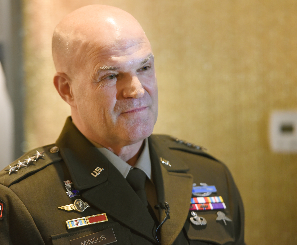 Staff photo by Matt Hamilton / Vice Chief of Staff of the Army Gen. James J. Mingus speaks during a press availability at the Read House on Friday.