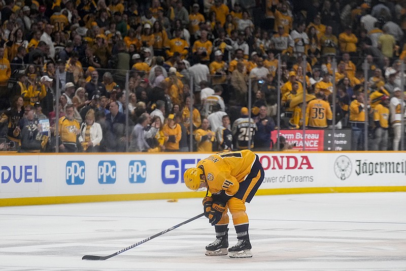AP photo by George Walker IV / Nashville Predators center Gustav Nyquist bends over as he skates off the ice at Bridgestone Arena on Friday night after the team's 1-0 loss to the Vancouver Canucks. Vancouver won the best-of-seven series in the first round of the NHL's Stanley Cup playoffs 4-2.