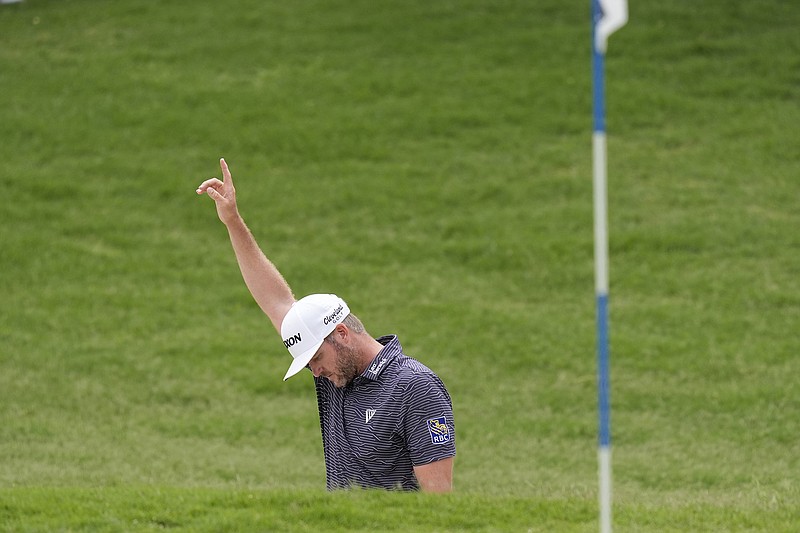 AP photo by LM Otero / Taylor Pendrith reacts after making a birdie from a bunker on the sixth hole at TPC Craig Ranch during the final round of the PGA Tour's CJ Cup Byron Nelson tournament Sunday in McKinney, Texas.