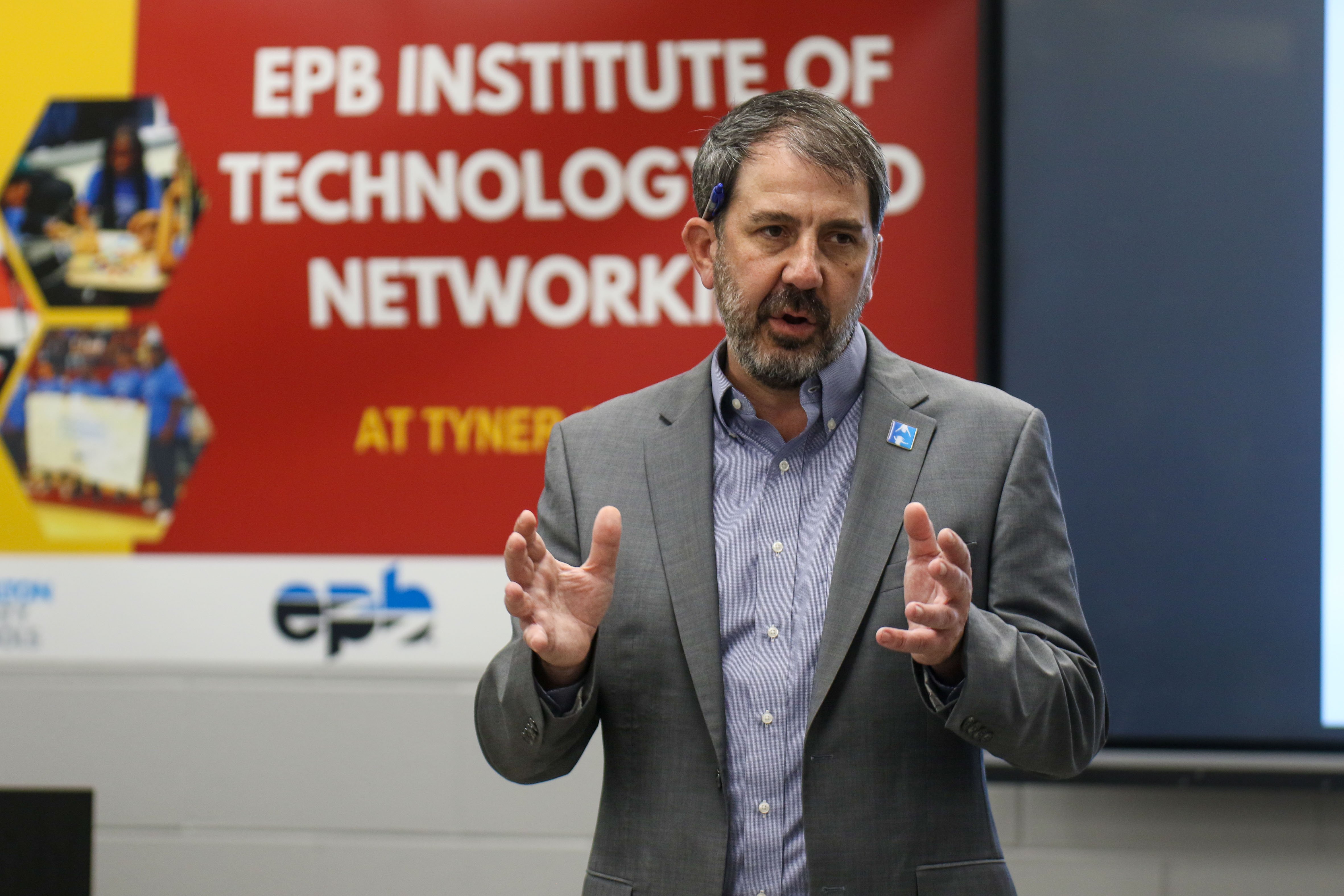 Staff photo by Olivia Ross / Superintendent Justin Robertson speaks to the room. EPB Future Ready Institute of Technology and Networking students demonstrated their creations during Tyner's World Quantum Day showcase on Tuesday.