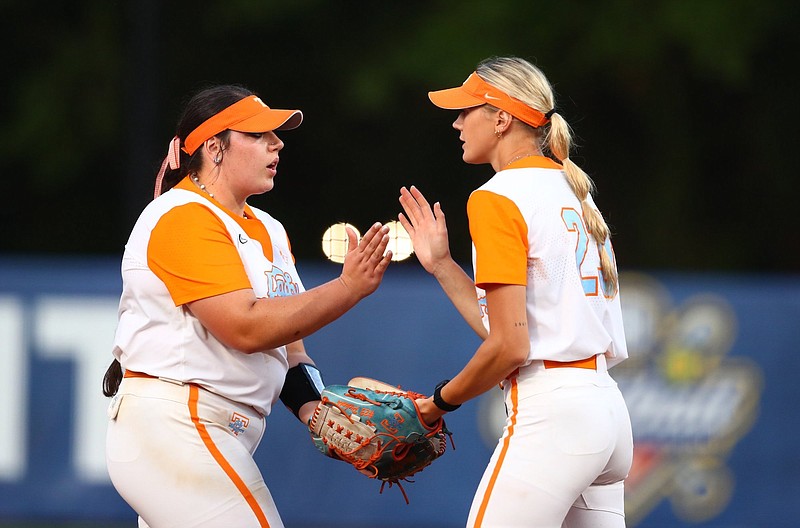 Tennessee Athletics photo / Tennessee pitchers Payton Gottshall, left, and Karlyn Pickens exchange a high-five after Pickens re-entered Thursday night's 2-1 loss to LSU in the Southeastern Conference tournament quarterfinals.