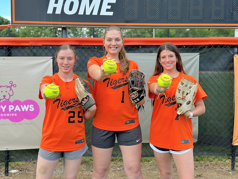 Contributed photo / The Meigs County High School softball team has a dominant pitching staff this season with the trio of, from left, freshman Sadie Scott and seniors Lainey Fitzgerald and Sierra Howard.
