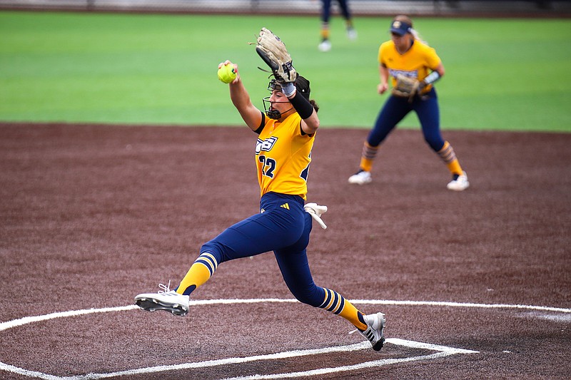 Staff photo by Olivia Ross / UTC's Alyssa Lavdis pitches during a Feb. 16 game against Ball State at Frost Stadium.