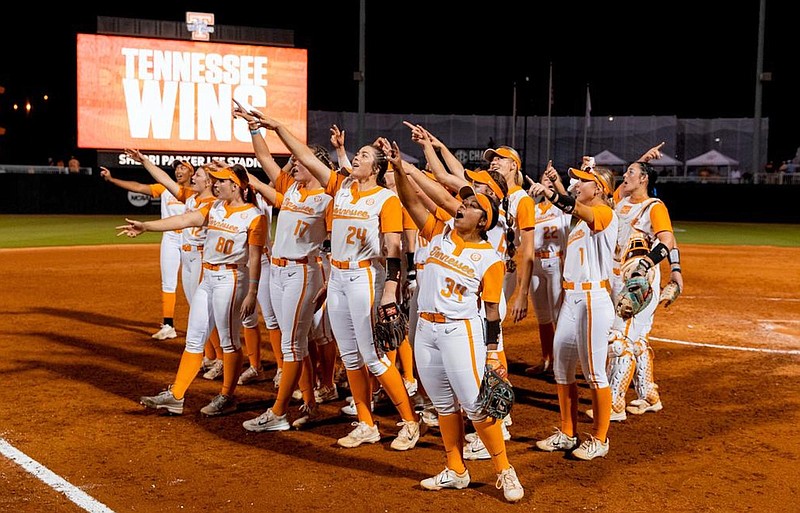 Tennessee Athletics photo / Tennessee softball players point to their fans following a victory over Kentucky earlier this month.