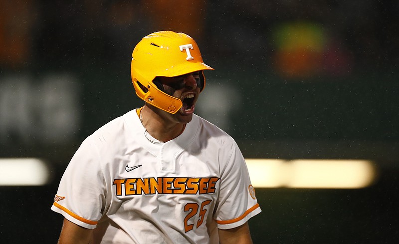 Tennessee Athletics photo by Kate Luffman / Blake Burke reacts to his seventh-inning grand slam during top-ranked Tennessee's 8-3 triumph Friday night over No. 24 South Carolina.