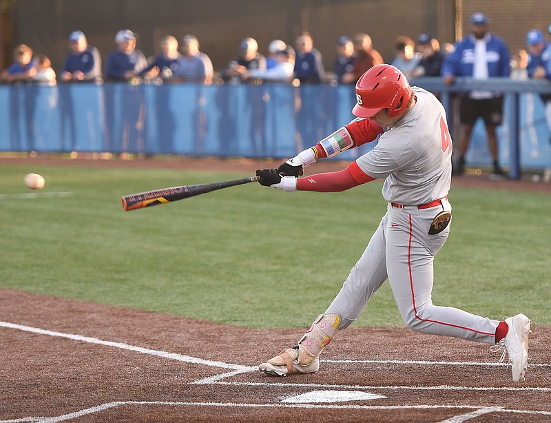 Staff photo by Matt Hamilton/ Baylor (4) Tomas Valincius connects with a pitch during their game at McCallie on Monday, April 22, 2024. Valincius was awarded his second Mr. Baseball award Tuesday.