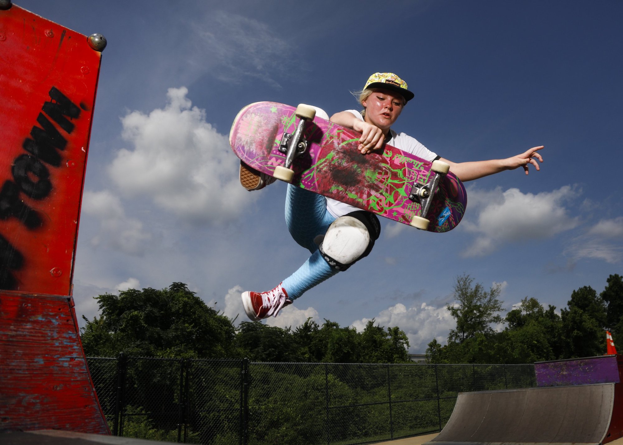Staff photo / Skateboarder Judah Holly does a boneless grab from one ramp to another in 2020 at Chatt Town Skate Park. The city has set aside $2.15 million in its proposed 2024-25 budget for construction of an all-new Chattanooga Skate Park.