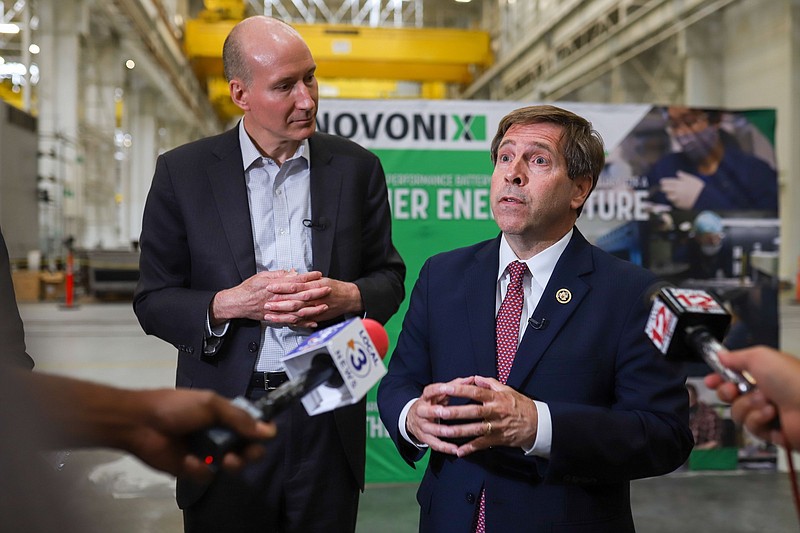 Staff photo by Olivia Ross / U.S. Rep. Chuck Fleischmann, R-Southeast Tennessee, right, speaks Friday to members of the media alongside U.S. Deputy Secretary of Energy David Turk at Novonix in Chattanooga.