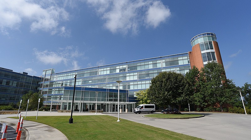 Staff Photo by Matt Hamilton / BlueCross BlueShield's headquarters are seen in Chattanooga on Aug. 27, 2021. The building was largely vacant during the pandemic with most employees working at home, but as a federal contractor, BlueCross still required workers get the COVID-19 vaccine unless they had a religious objection or health concern. Last week, a federal jury ordered the insurer to pay one of its former employees $687,000 in back pay and damages for firing her in 2021 for not getting the vaccine.