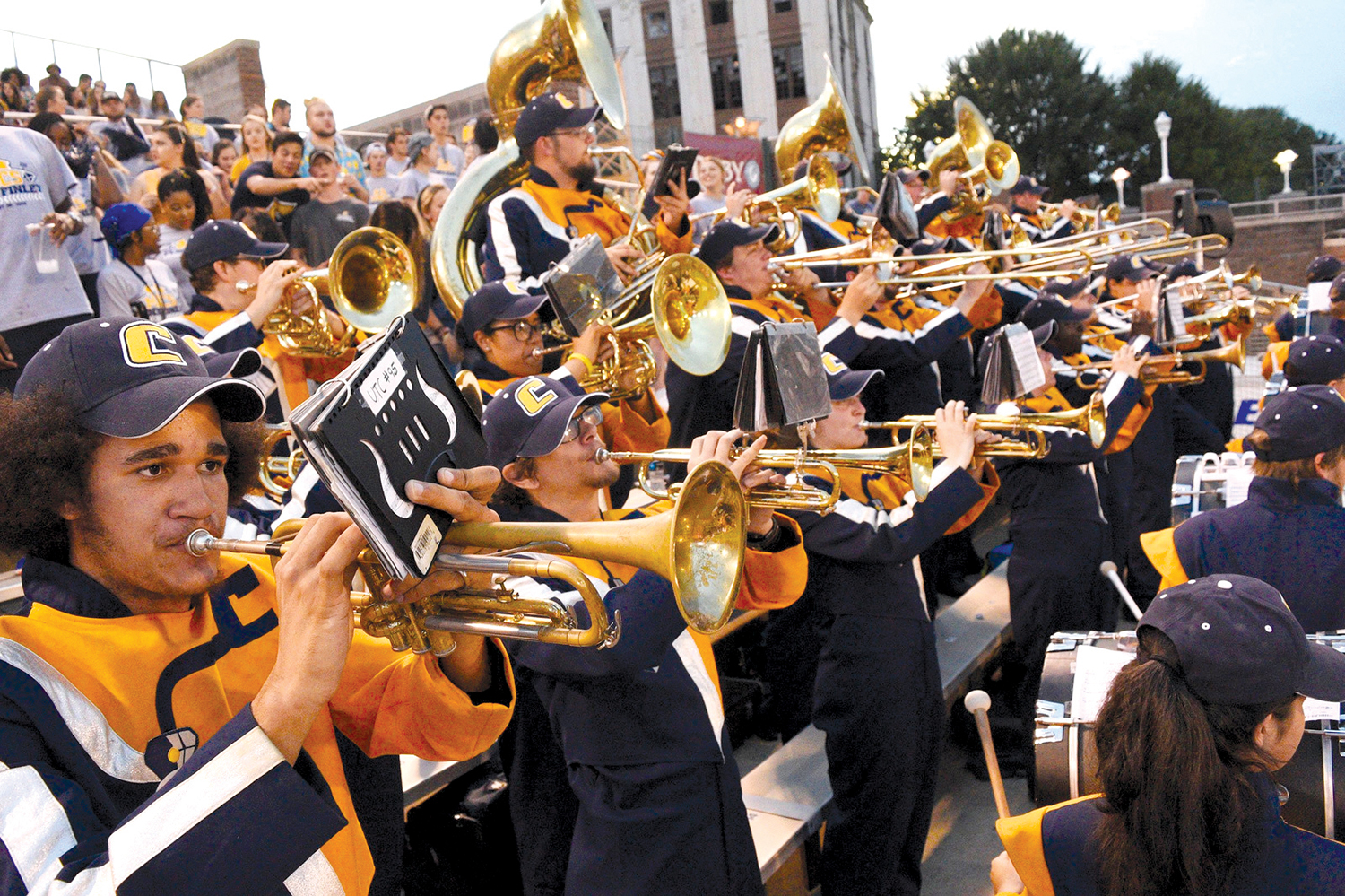 Staff photo by Robin Rudd / The UTC Marching Band plays after a Moc score at Finley Stadium.