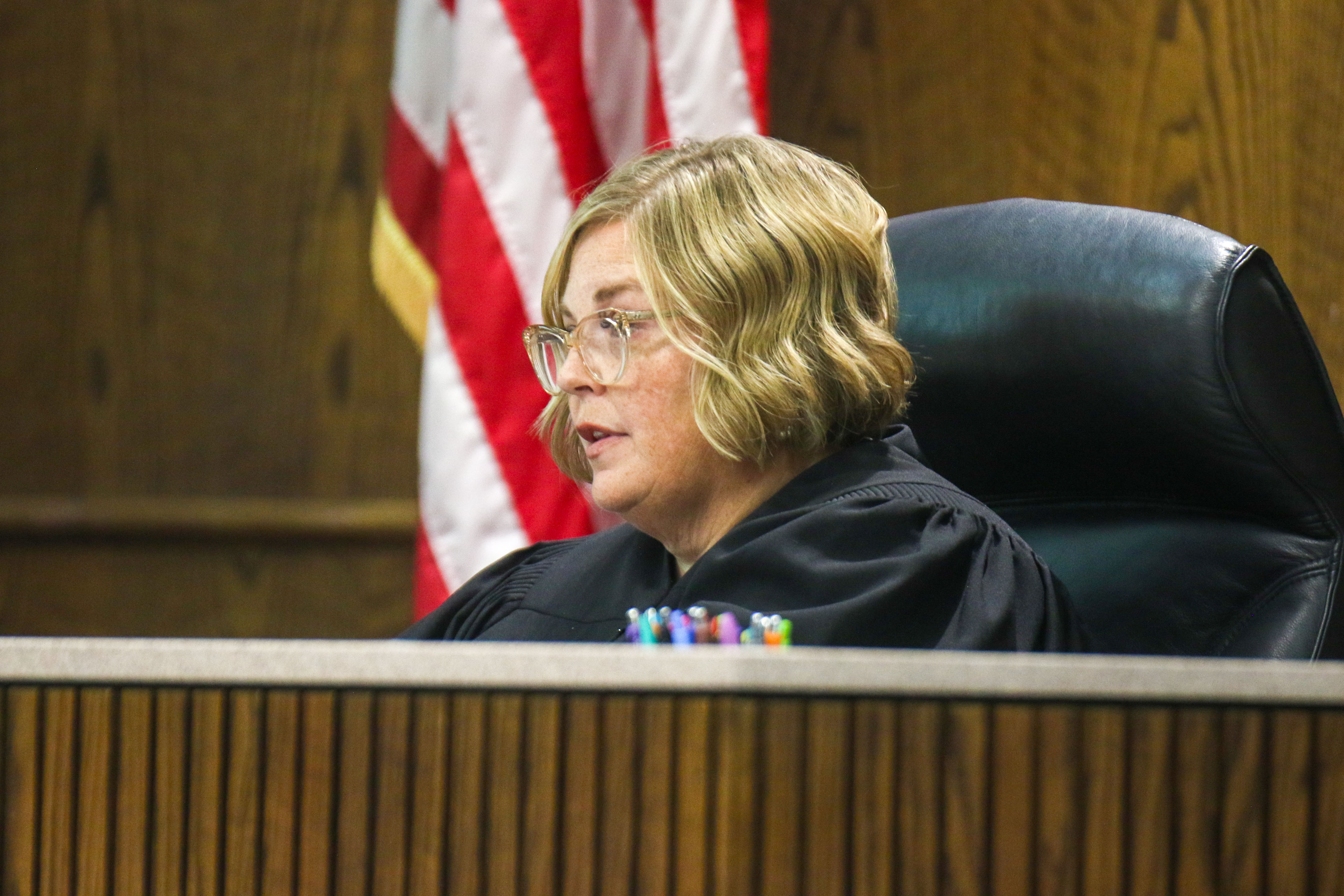 Staff photo by Olivia Ross / Judge Amanda Dunn listens during Raymond Rzeplinski's trial Wednesday at the Courts Building in Chattanooga.