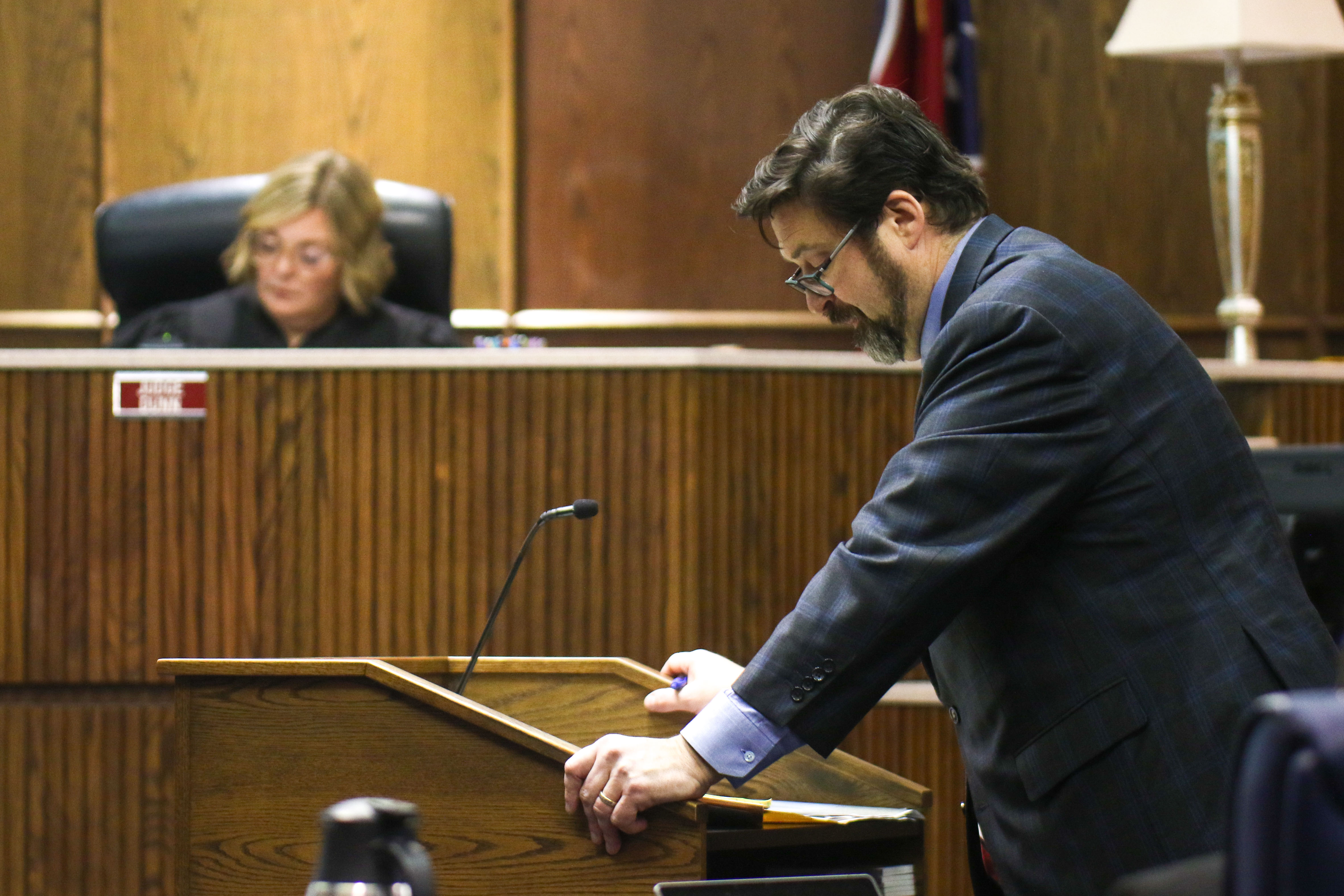 Staff photo by Olivia Ross / Raymond Rzeplinski's attorney Ben McGowan, right, speaks during court. Judge Amanda Dunn is seen behind him Wednesday at the Courts Building in Chattanooga.