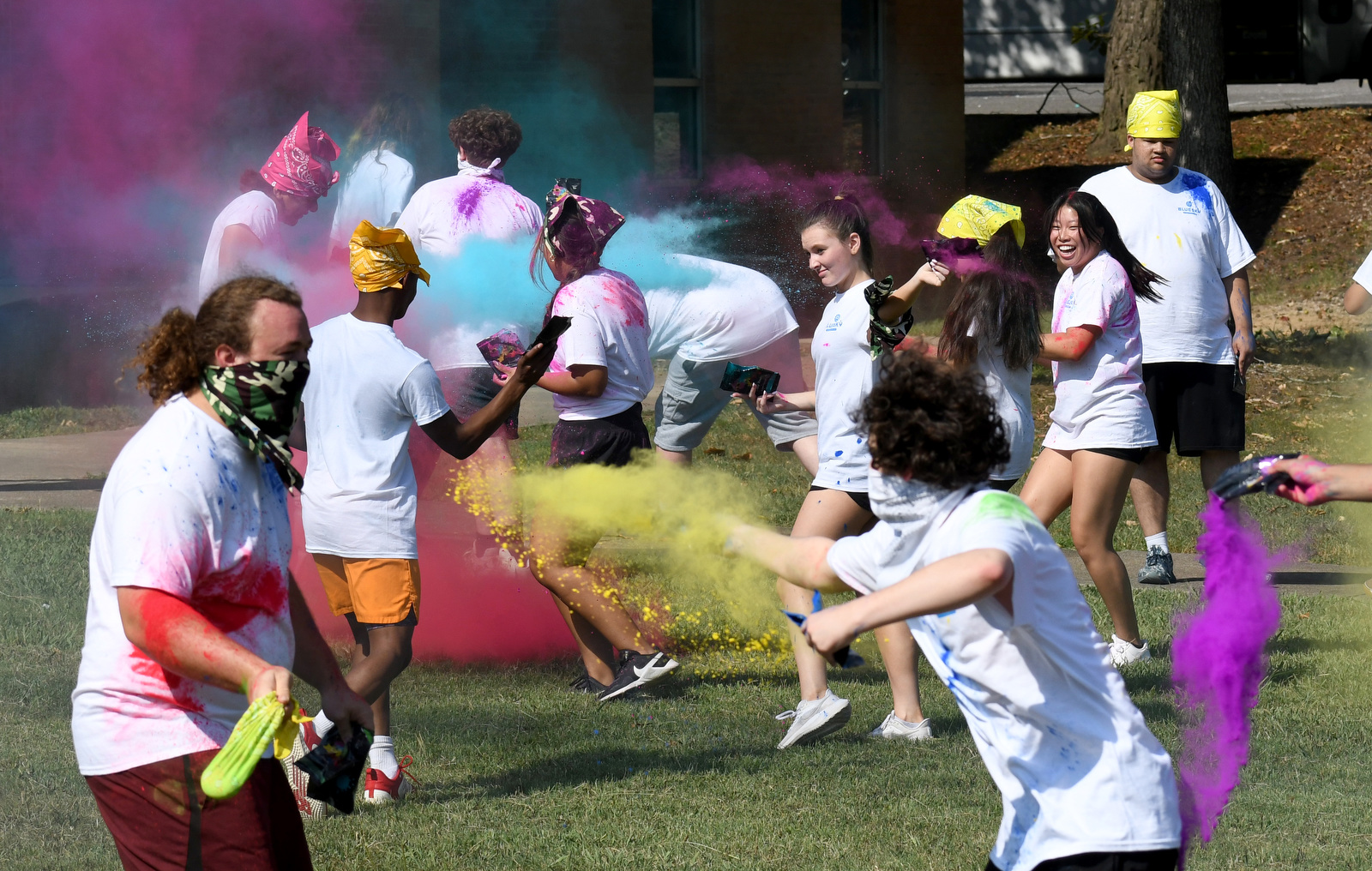 Staff Photo by Robin Rudd / The color war erupts into confusion during a team building exercise at the St. Elmo Recreation Center on Aug. 20, 2024. The BlueSky Institute at BlueCross BlueShield Tennessee is a 27-month tech workforce development program that allows students to obtain a degree, learning from university professionals, and get a job with the company upon graduation.