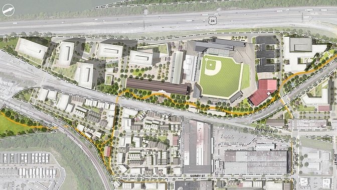 Contributed rendering / A rendering released in January shows the planned Chattanooga Lookouts ballpark along with potential new development. Officials broke ground on the new facility in July.