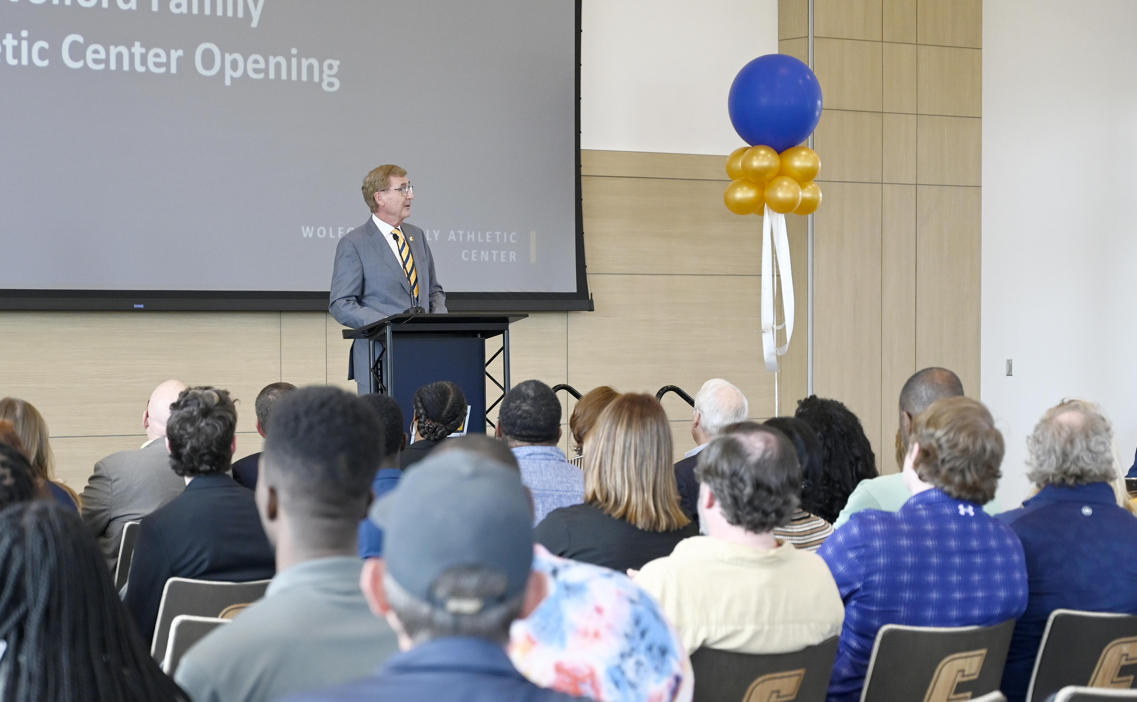 Staff photo by Abby White / Dr. Steven Angle gives his annual State of the University Address. UTC Chancellor Steve Angle delivered his annual State of the University Address which also marked the grand opening of the Wolford Family Athletic Center on Monday, September 16, 2024.