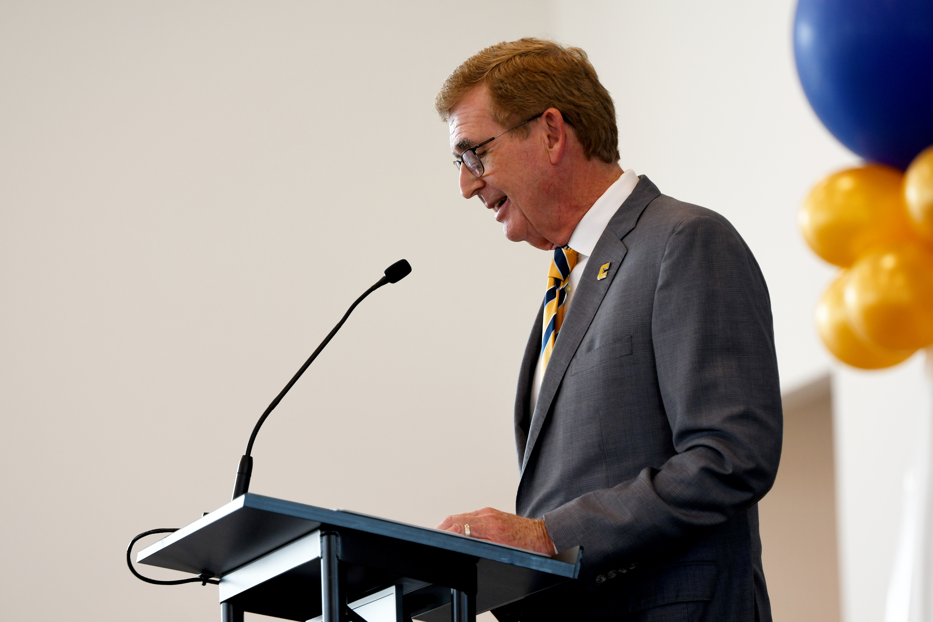 Staff photo by Abby White / Dr. Steven Angle gives his annual State of the University Address. UTC Chancellor Steve Angle delivered his annual State of the University Address which also marked the grand opening of the Wolford Family Athletic Center on Monday, September 16, 2024.