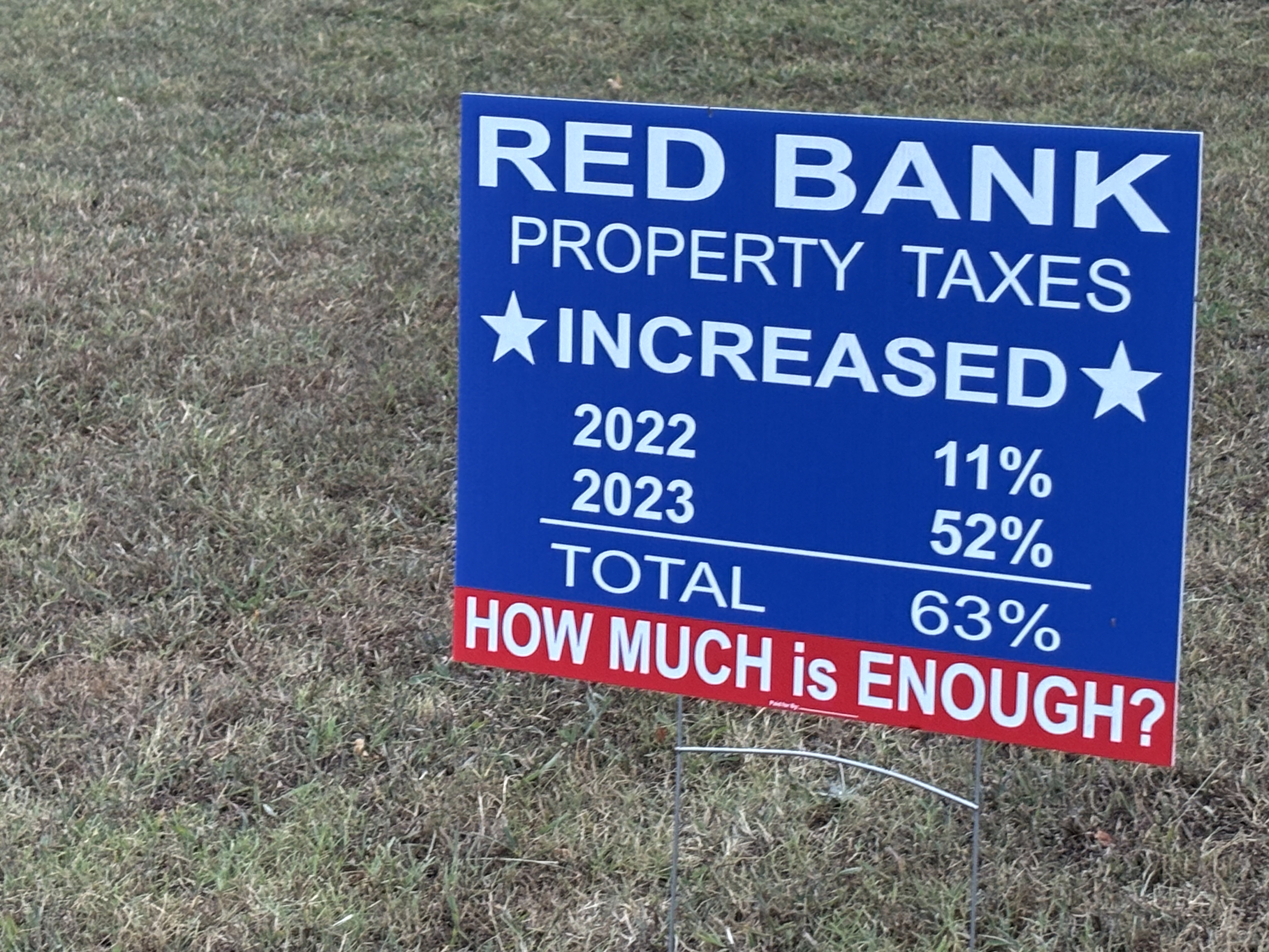 Staff photo by Emily Crisman / A sign highlights the city of Red Bank's most recent property tax rate increases. The signs, which were placed around the city earlier this month, do not include a disclaimer stating who paid for them.