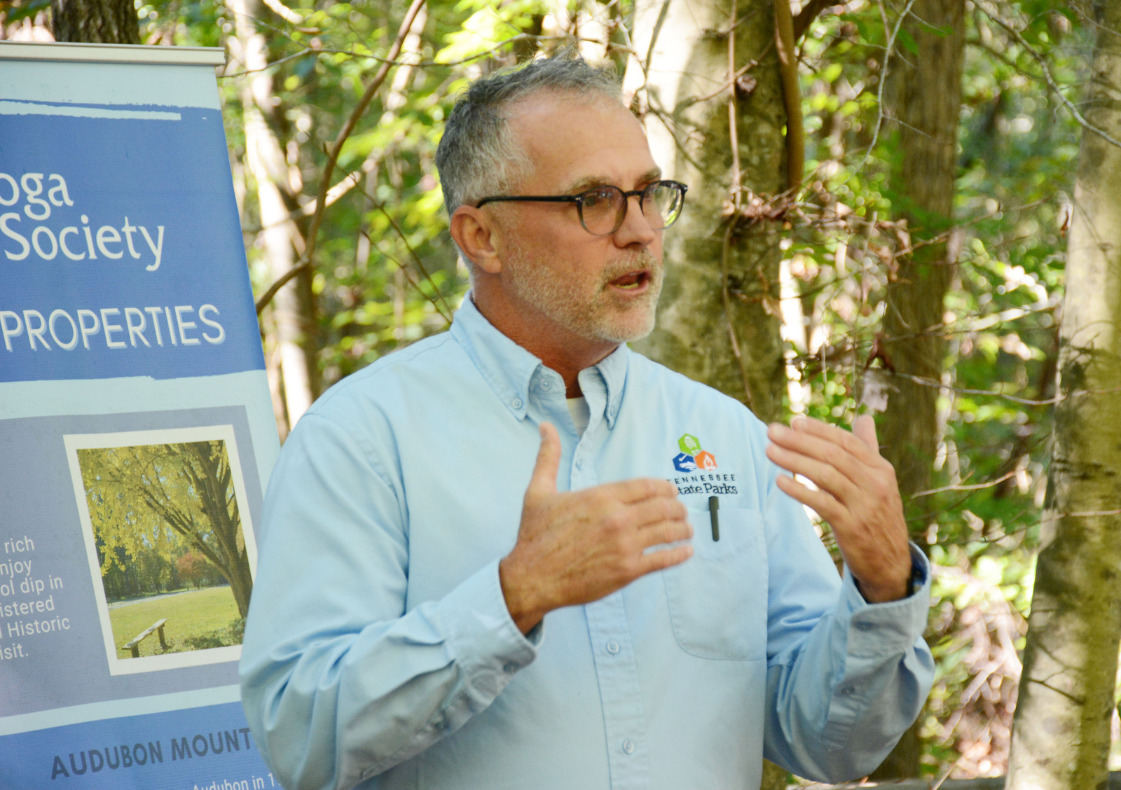 Staff Photo by Robin Rudd / Bill Avant, senior real property manager for the state of Tennessee, speaks Oct. 8, 2024, at a Cumberland Trail access point on Leggett Road in Sale Creek. A land swap between the state and the Chattanooga Audubon Society will allow for portions of the Cumberland Trail to connect through an undeveloped portion of McDonald Farm.