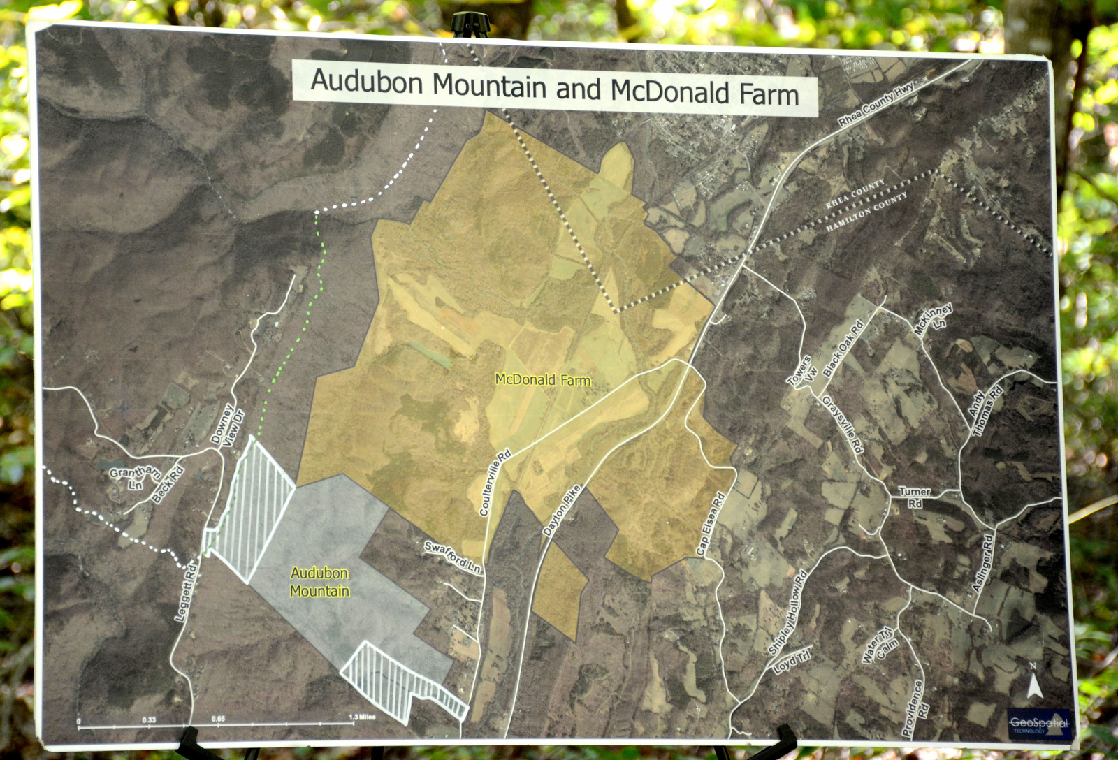 Staff Photo by Robin Rudd / A map, shown Oct. 8, 2024, illustrates the land involved adjacent to McDonald Farm. A land swap between the state and the Chattanooga Audubon Society will allow for portions of the Cumberland Trail to connect through an undeveloped portion of McDonald Farm.