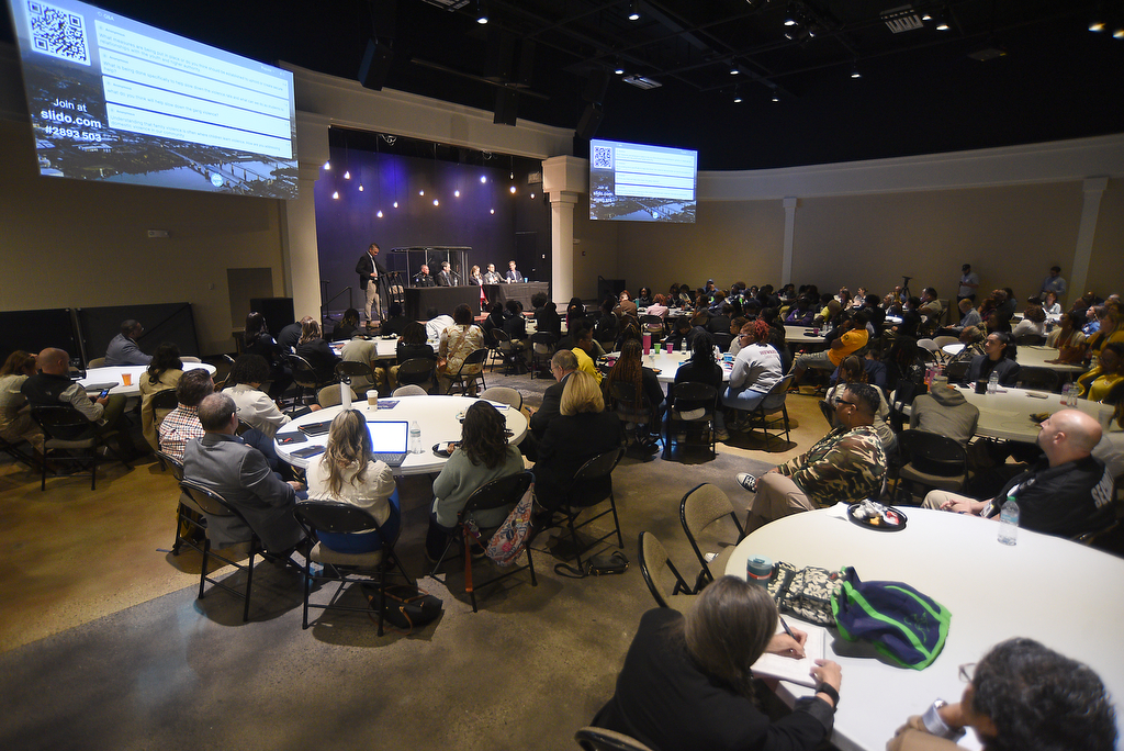Staff photo by Matt Hamilton / Students listen to panelists speak during a gun violence summit at Brainerd Crossroads on Tuesday, Oct. 8, 2024.
