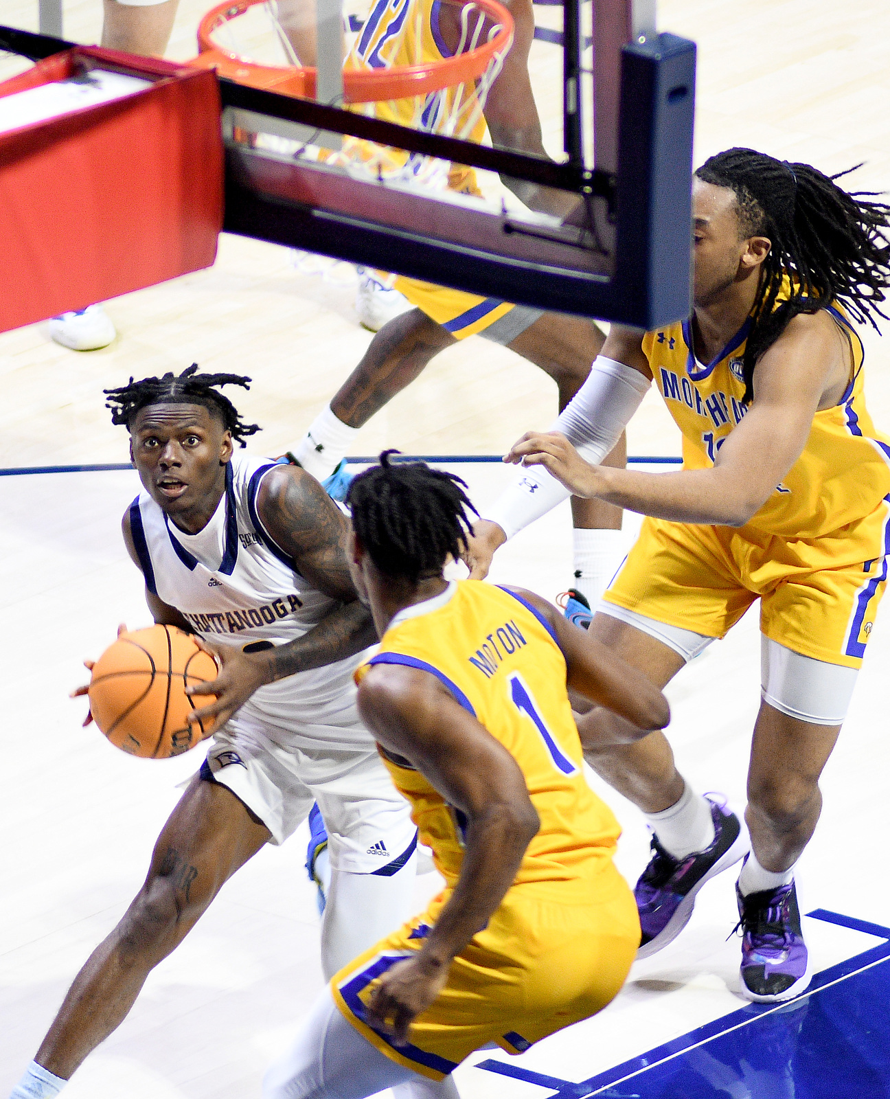 Staff Photo by Robin Rudd / UTC's Trey Bonham (2) goes in for the layup. The University of Tennessee at Chattanooga Mocs hosted the Morehead State University Eagles in a men's basketball game on November 14, 2024.