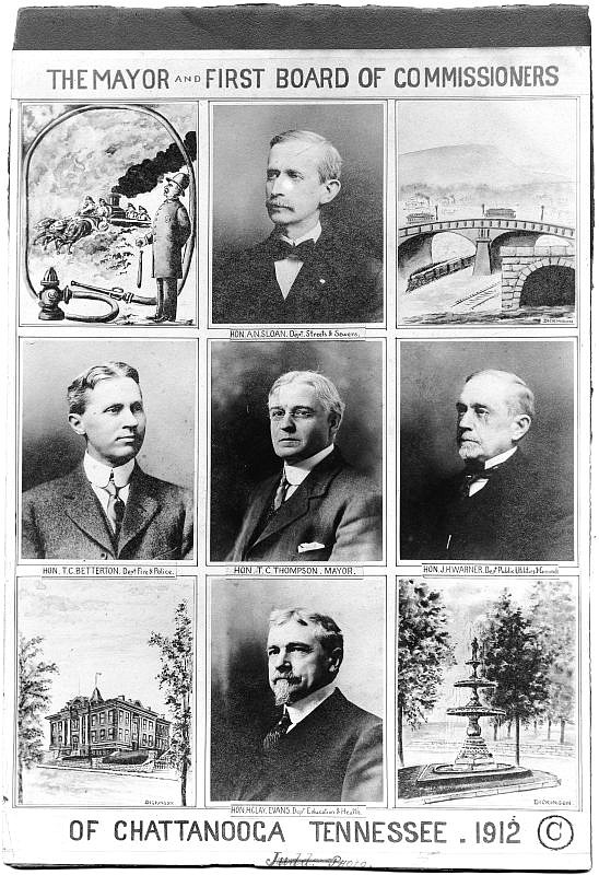 Chattanooga Public Library, Paul A. Hiener Collection / T.C. Thompson, Chattanooga mayor from 1909-15, is pictured in the middle row, second from left, in 1912, along with the first Chattanooga City Commission. The commission included, bottom row, center, H. Clay Evans, commissioner of eduction and health; middle row, left, T.C. Betterton, commissioner of police and fire; middle row, right, Vice Mayor J.H. Warner, commissioner of public utilities, grounds and buildings; and top row, middle, A.N. Sloan, commissioner of streets and sewers.