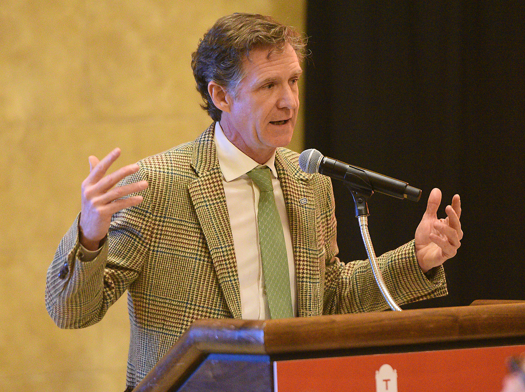 Staff photo by Matt Hamilton / Chattanooga Mayor Tim Kelly speaks Dec. 17, 2024, during a ceremony to mark the official start of the Tivoli Theatre renovation.