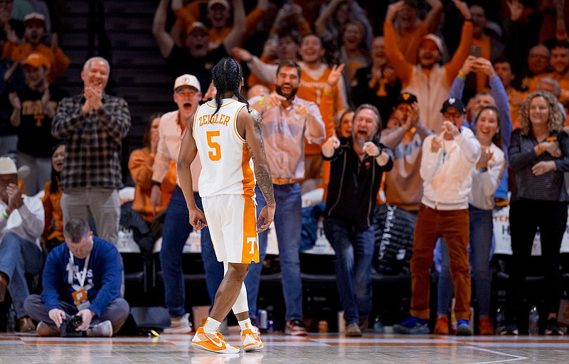 Tennessee Athletics photo by Ryan Beatty / Tennessee senior guard Zakai Zeigler is celebrated by fans after making three consecutive 3-pointers in a 90-second stretch during Wednesday night's 74-56 triumph over Georgia.