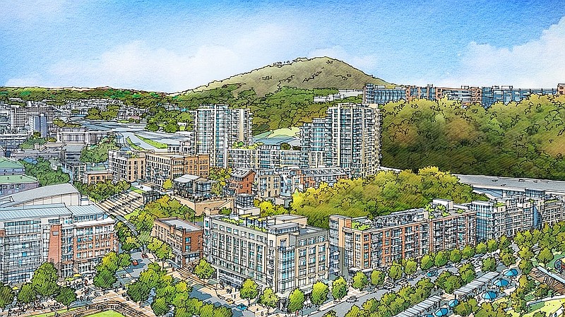 Contributed rendering / Hawk Hill, located among the urban core of Chattanooga, could become a new downtown neighborhood, a rendering released last summer shows. Officials are looking to move ahead with a key first step.