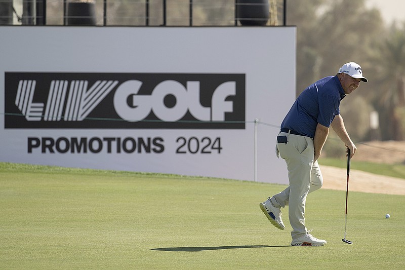 LIV Golf photo by Montana Pritchard / Ross McGowan reacts after putting on the 14th green at Saudi Arabia's Riyadh Golf Club during the first round of an LIV Golf League qualifying tournament on Dec. 12.