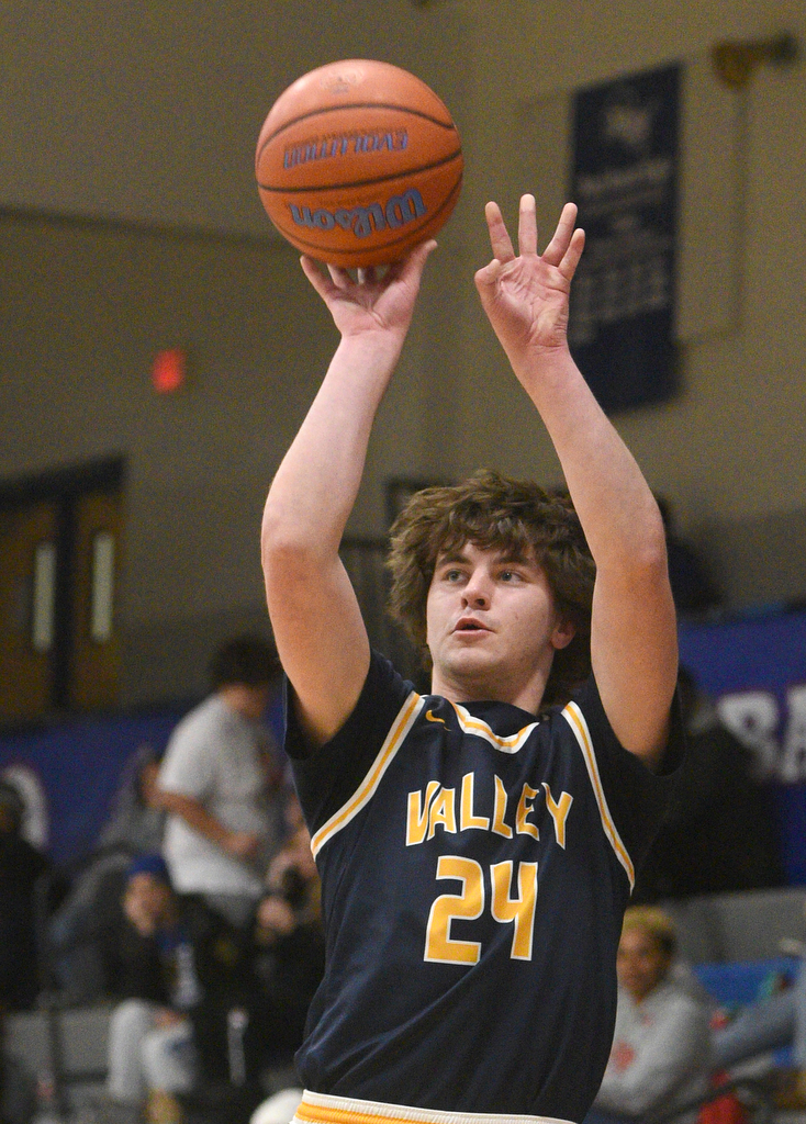 Staff photo by Matt Hamilton/ Walker Valley (24) Landon Shirk puts up a three during their game at Red Bank High School on Tuesday, January 21, 2025.