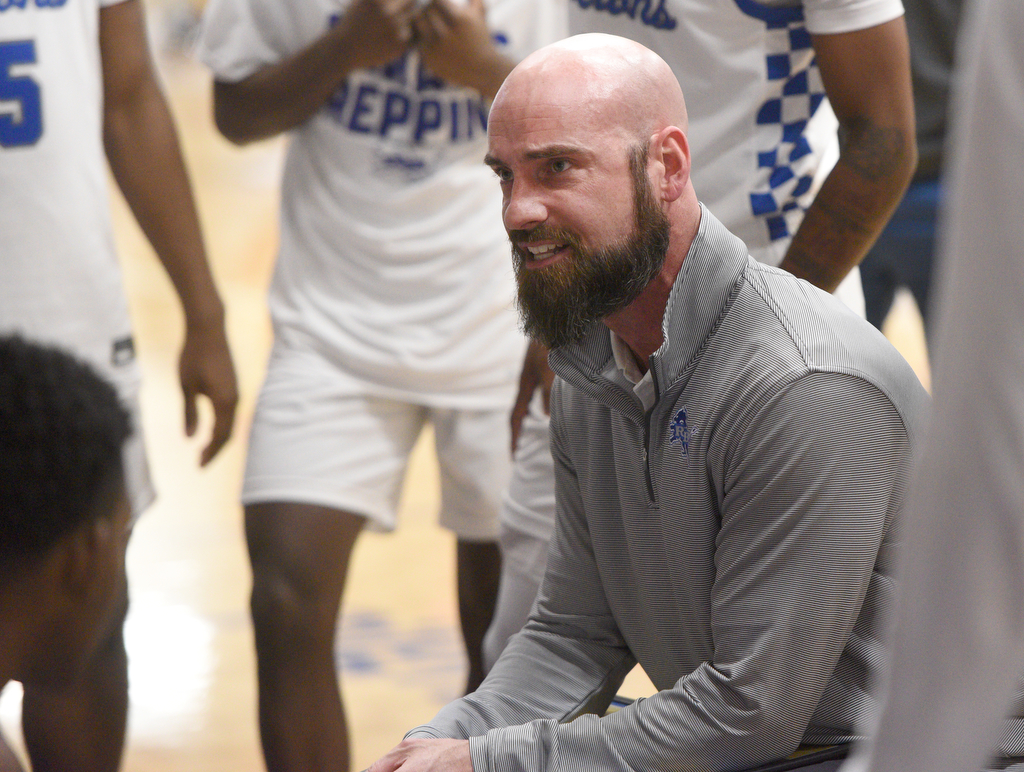Staff photo by Matt Hamilton/ Red Bank coach Nick Fike talks to his players during a timeout during their home game against Walker Valley on Tuesday, January 21, 2025.