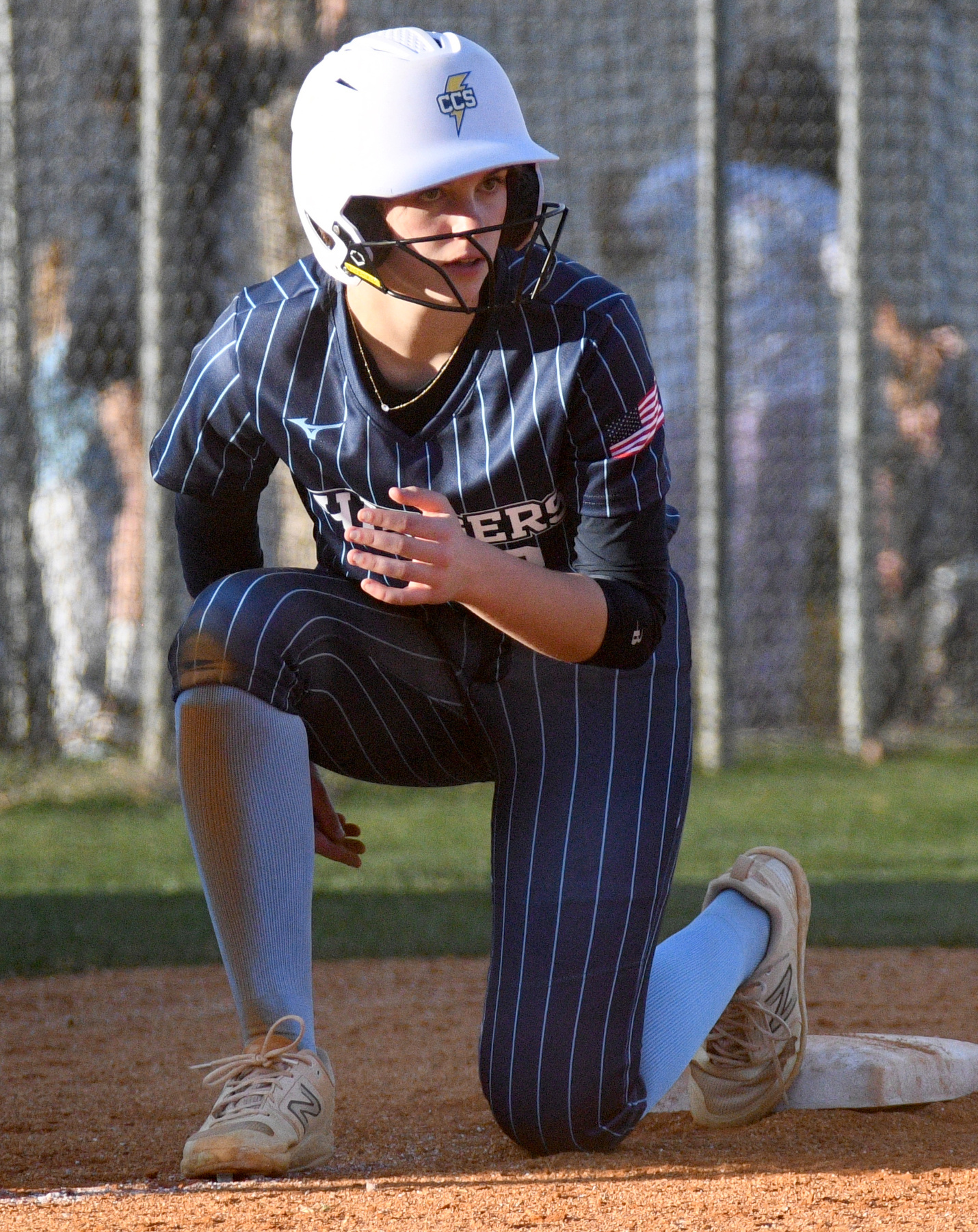 Staff Photo by Robin Rudd / Christian's Millie Fox (3) gets ready at third after hitting a triple. The Chattanooga Christian Chargers hosted the Silverdale Academy Seahawks in a TSSAA softball game on March 11, 2025.