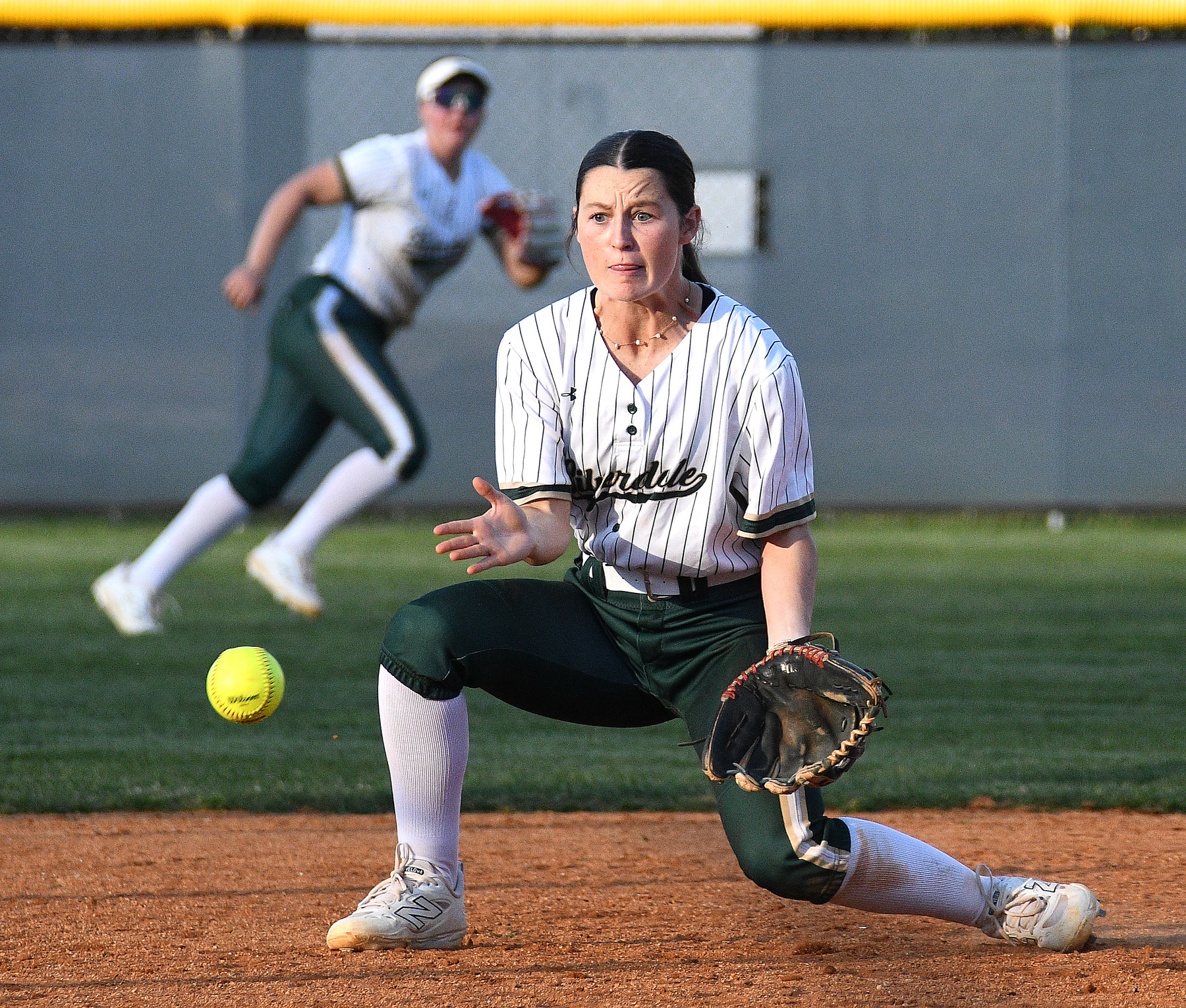 Staff Photo by Robin Rudd / Silverdale shortstop, Emry Masterson (8) concentrates on a ground ball. The Chattanooga Christian Chargers hosted the Silverdale Academy Seahawks in a TSSAA softball game on March 11, 2025.