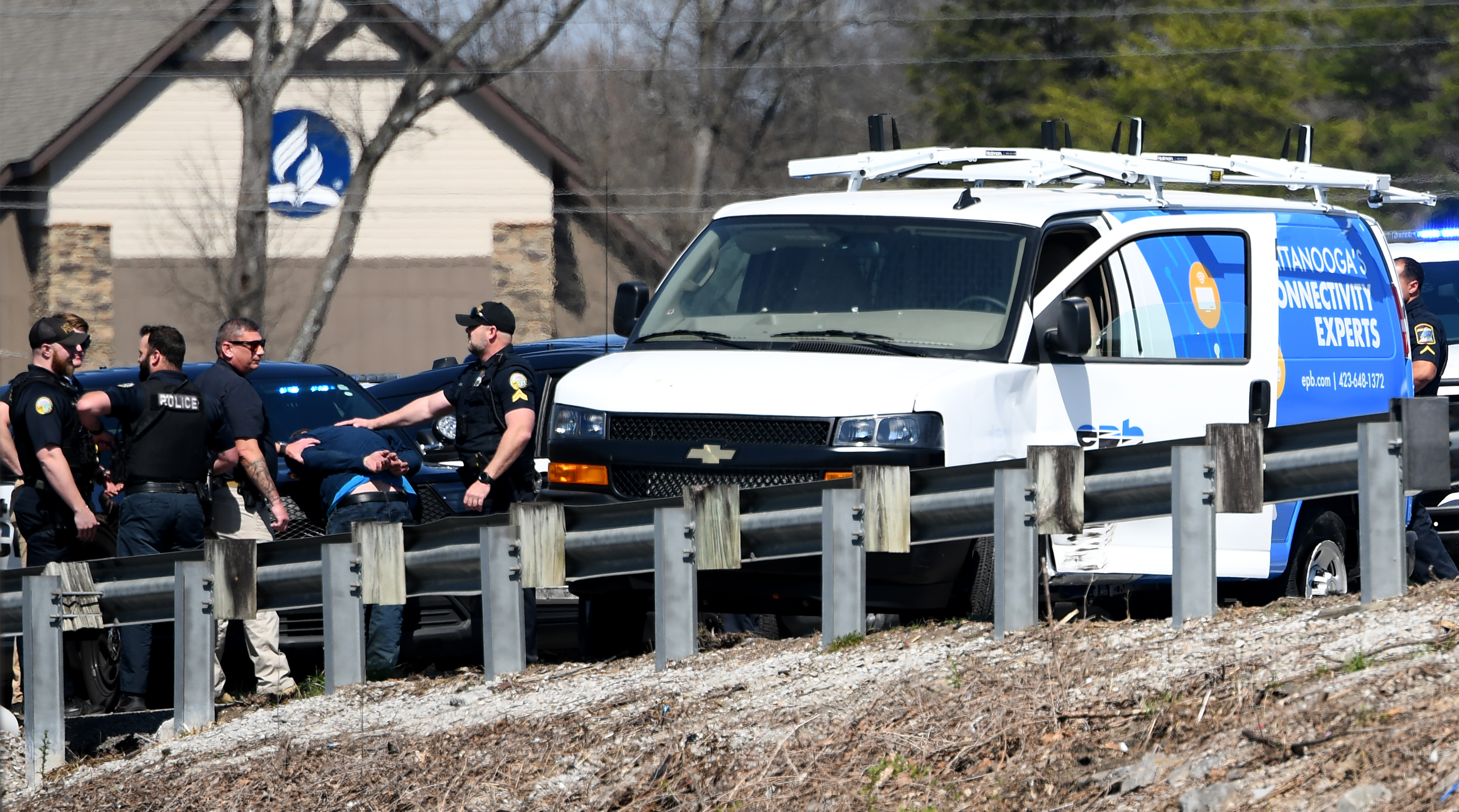 Staff photo by Abby White / Chattanooga police arrest Brett Ellis on March 12, 2025, after a police chase involving an EPB van on Highway 153. Ellis is charged with aggravated assault on police, reckless endangerment, reckless driving, auto theft and felony evading arrest.